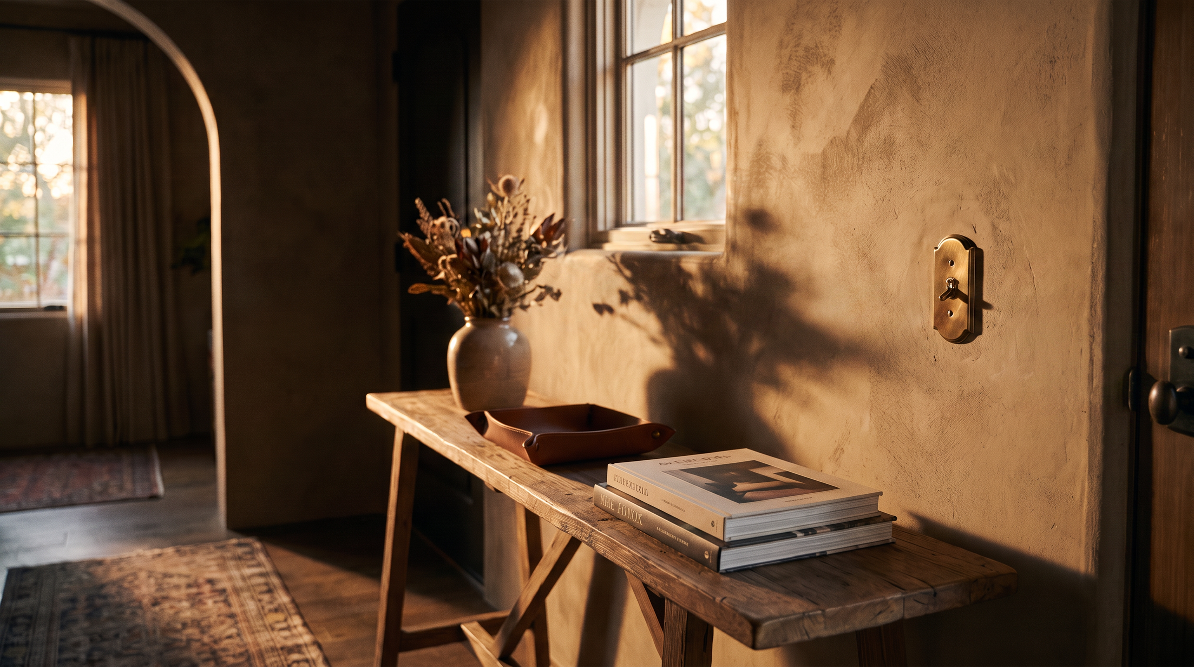 Warm plaster entryway with a metal toggle light switch, wood console table, vase and books at golden hour