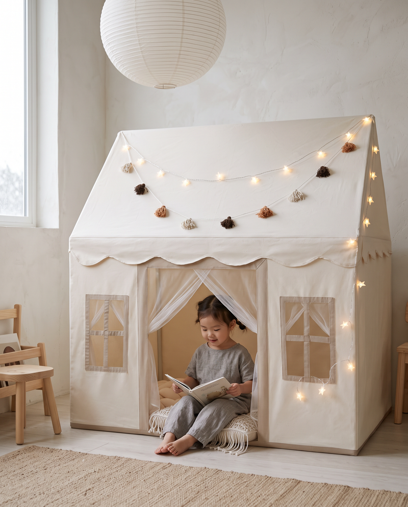 Real photo: child reading a book inside the play tent