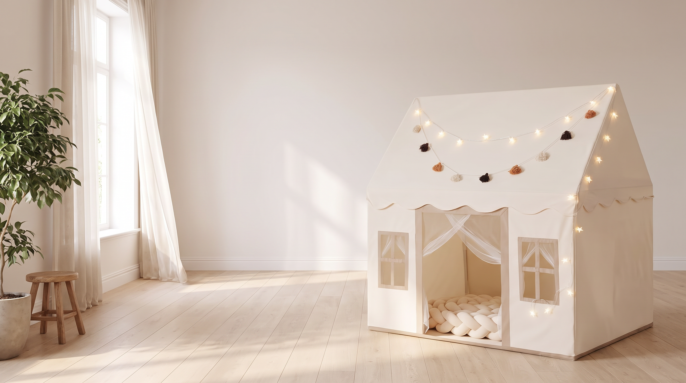 Cream house-shaped play tent, full view, bright airy living room, wide hero