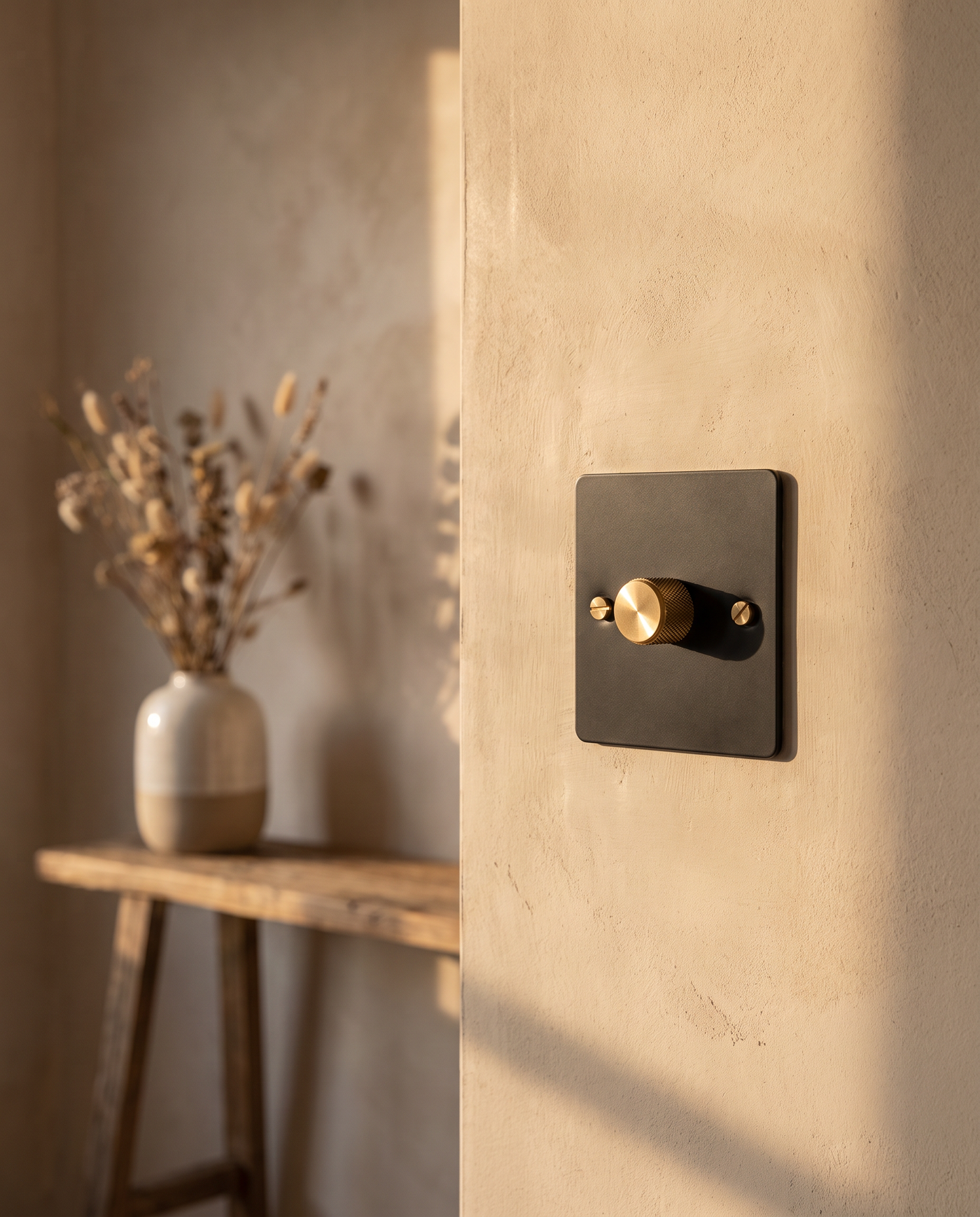 Black rotary dimmer with gold knob mounted on a warm plaster wall in a sunlit entryway