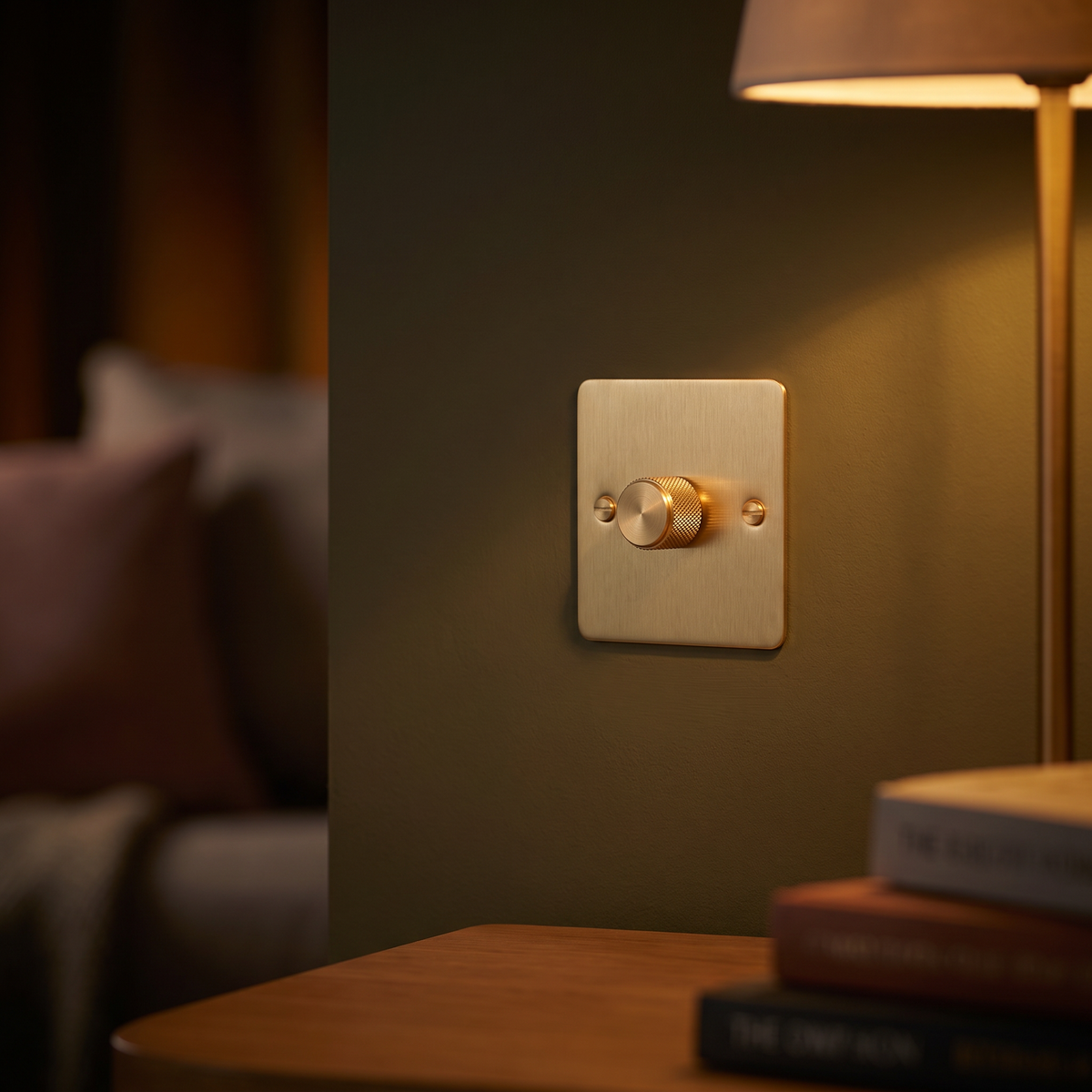 Full gold rotary dimmer on a dark wall in a cosy evening living room