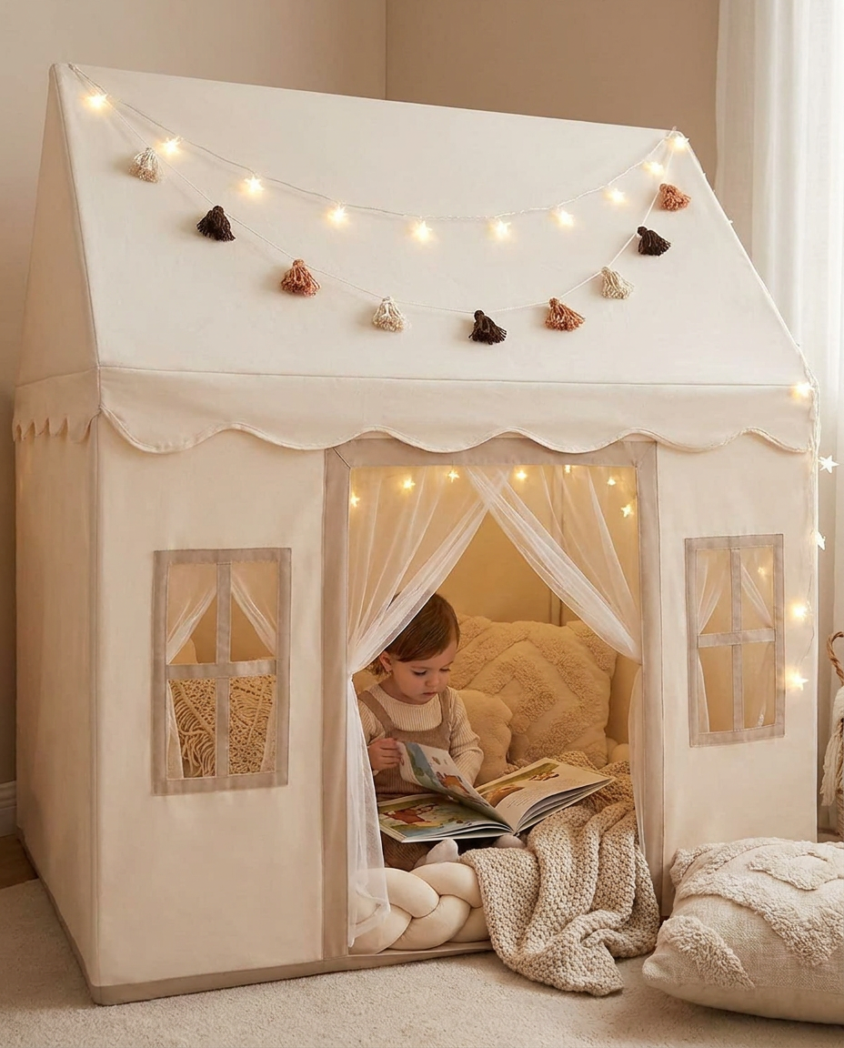 Child reading inside the play tent with fairy lights